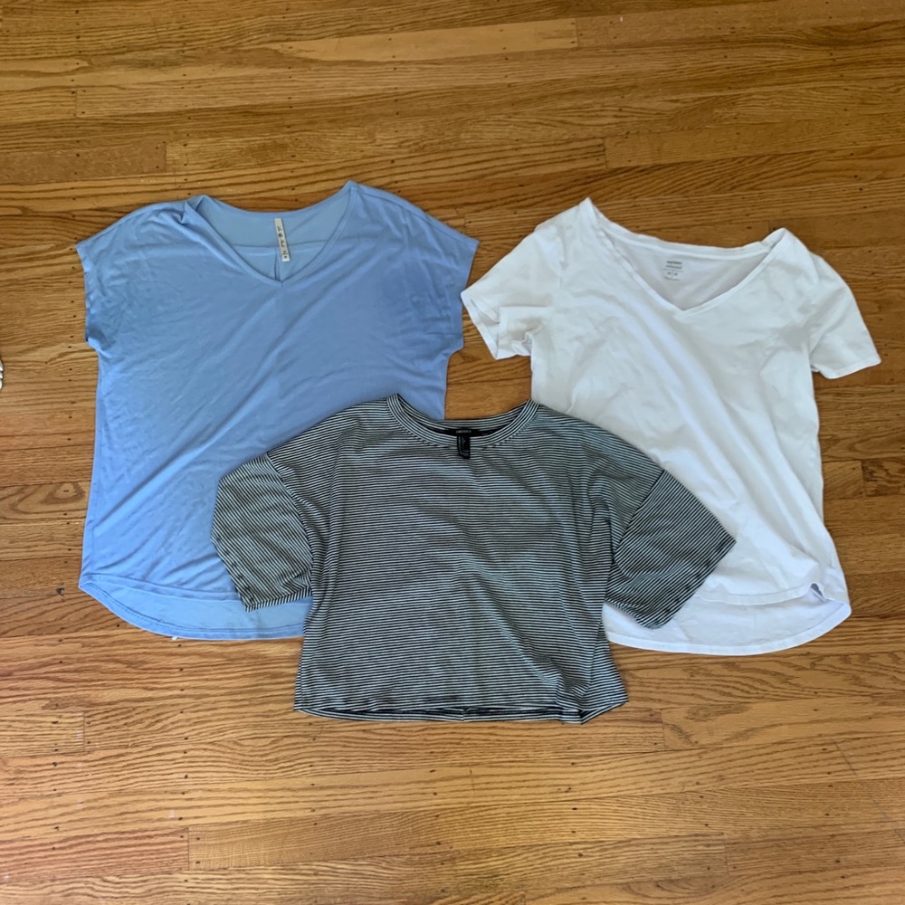 3 Basic Tee Shirt Bundle Baby Blue, Striped &White - Picture 1 of 8